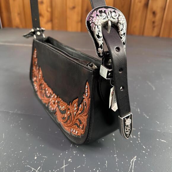 VTG Nocona Leather Purse Brown Black Orange Hand Tooled Floral 11x3x5 NWT - Picture 2 of 10